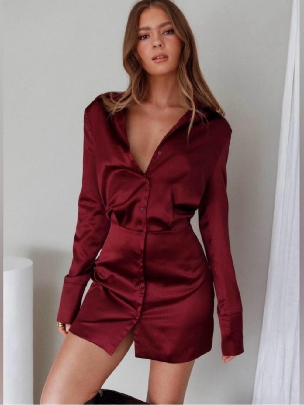 Selfie Leslie Satin Shirt in Deep Burgundy